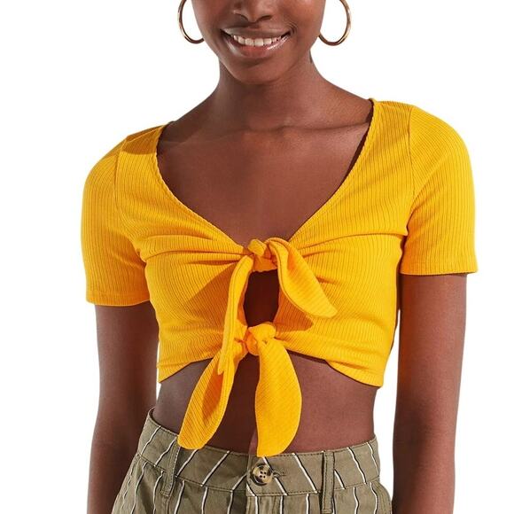 Urban Outfitters Tops - Urban Outfitters Mustard Yellow Ribbed Tie-Front Crop Top Women's Small Festival